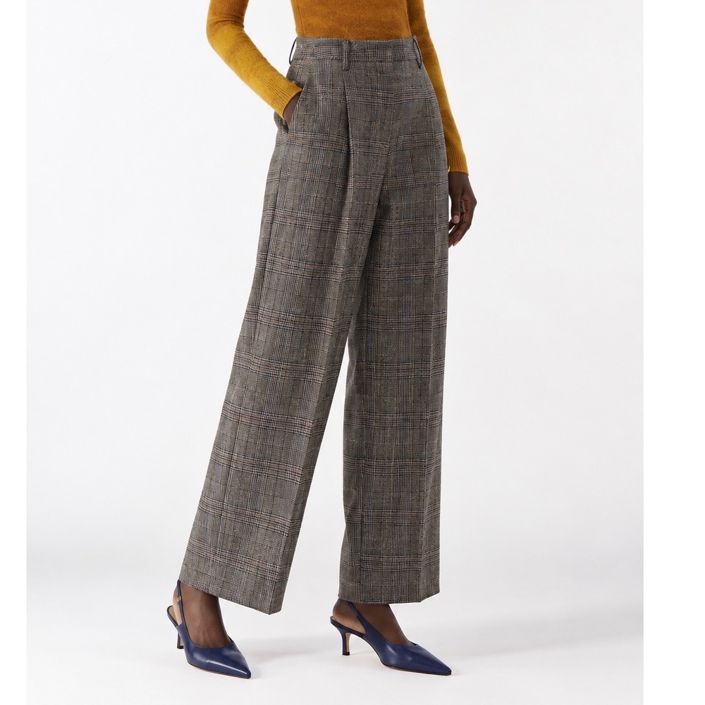 Jason Wu Prince of Wales Plaid Wide Leg Pleated Trousers Grey Blue Metallic 6